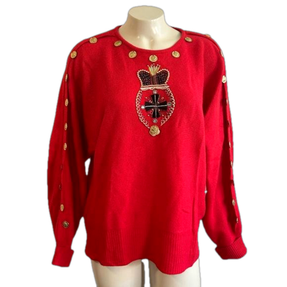 Marisa Christina  Embellished crown / penny Jeweled Red sweater M /L ?